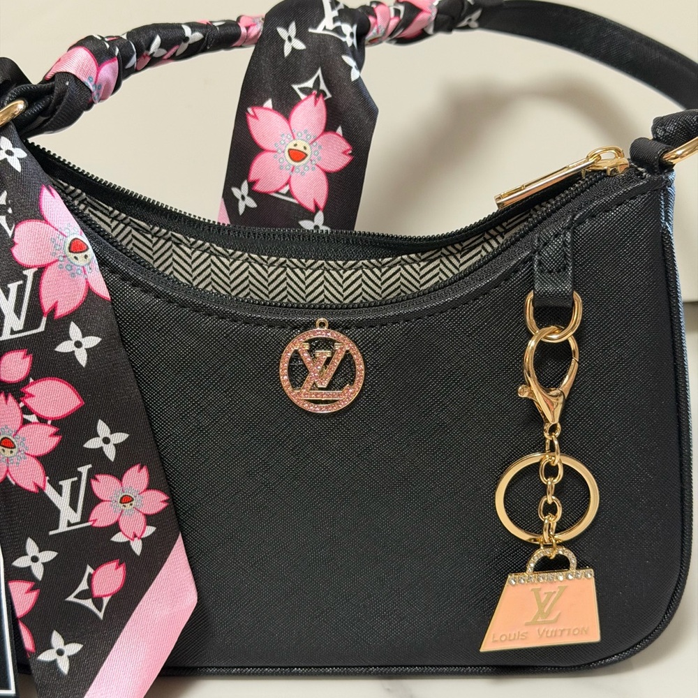 🔥Elegant Black Shoulder Bag with Pink Floral Accent WITH AUTHENTIC LV CHARM🔥 - Picture 2 of 6